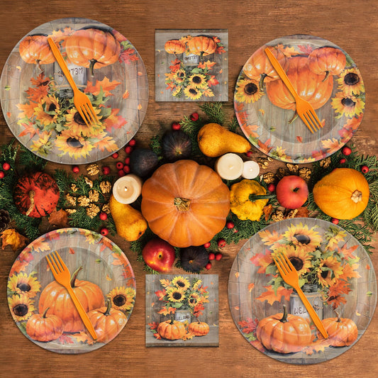 🎃Thanksgiving TablewareRustic Pumpkin and Sunflower Set – 96 Pieces
