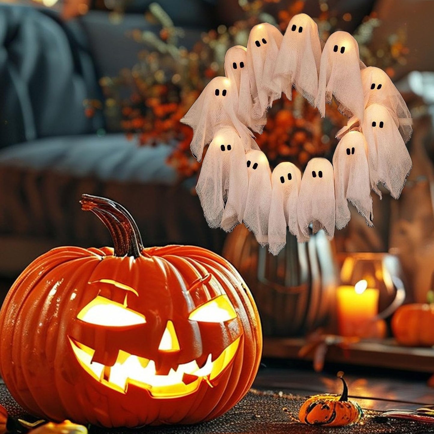 🎃Halloween Vibes Cute Light Ghost Door Wreath