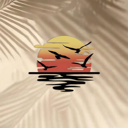 🌞Colorful Sunset Seagull Sparkle Metal Wall Art