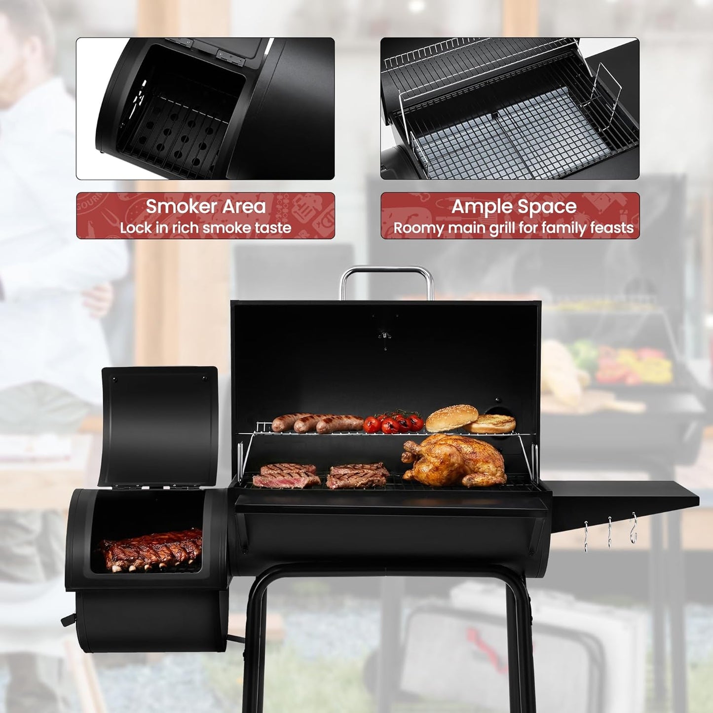 Charcoal BBQ Grill + Offset Smoker + 823 Sq. In.