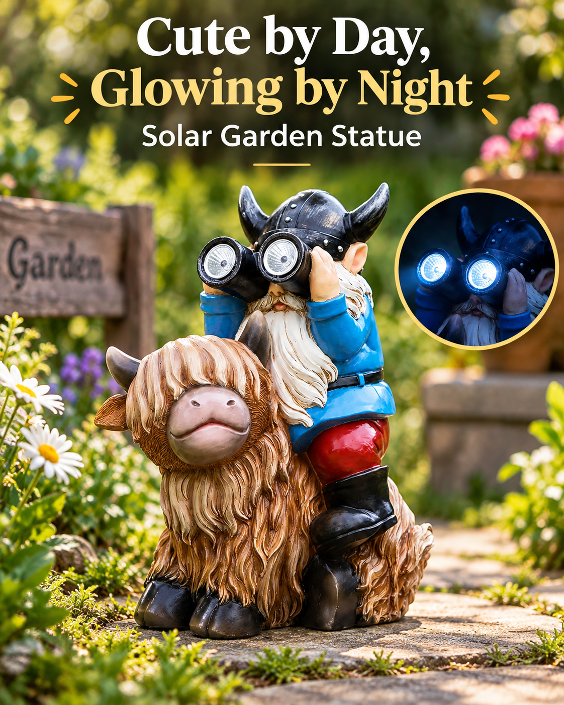 Highland Cow & Gnome Solar Garden Statue