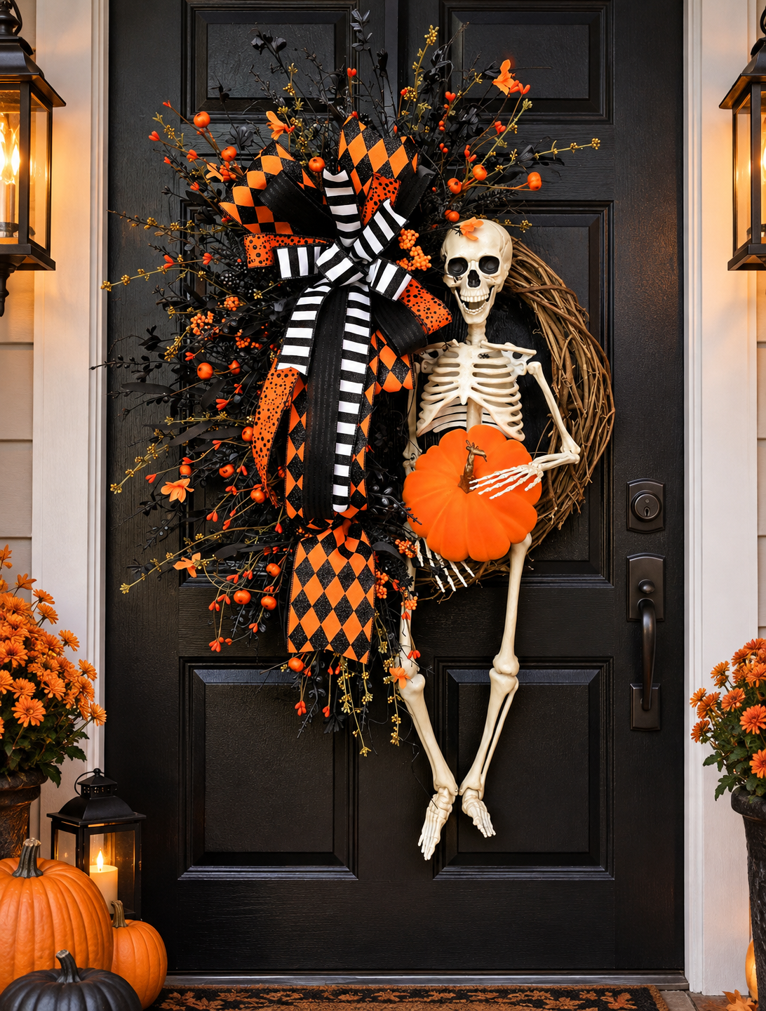 Halloween Skeleton Wreath with Pumpkin – 35" Front Door Decor