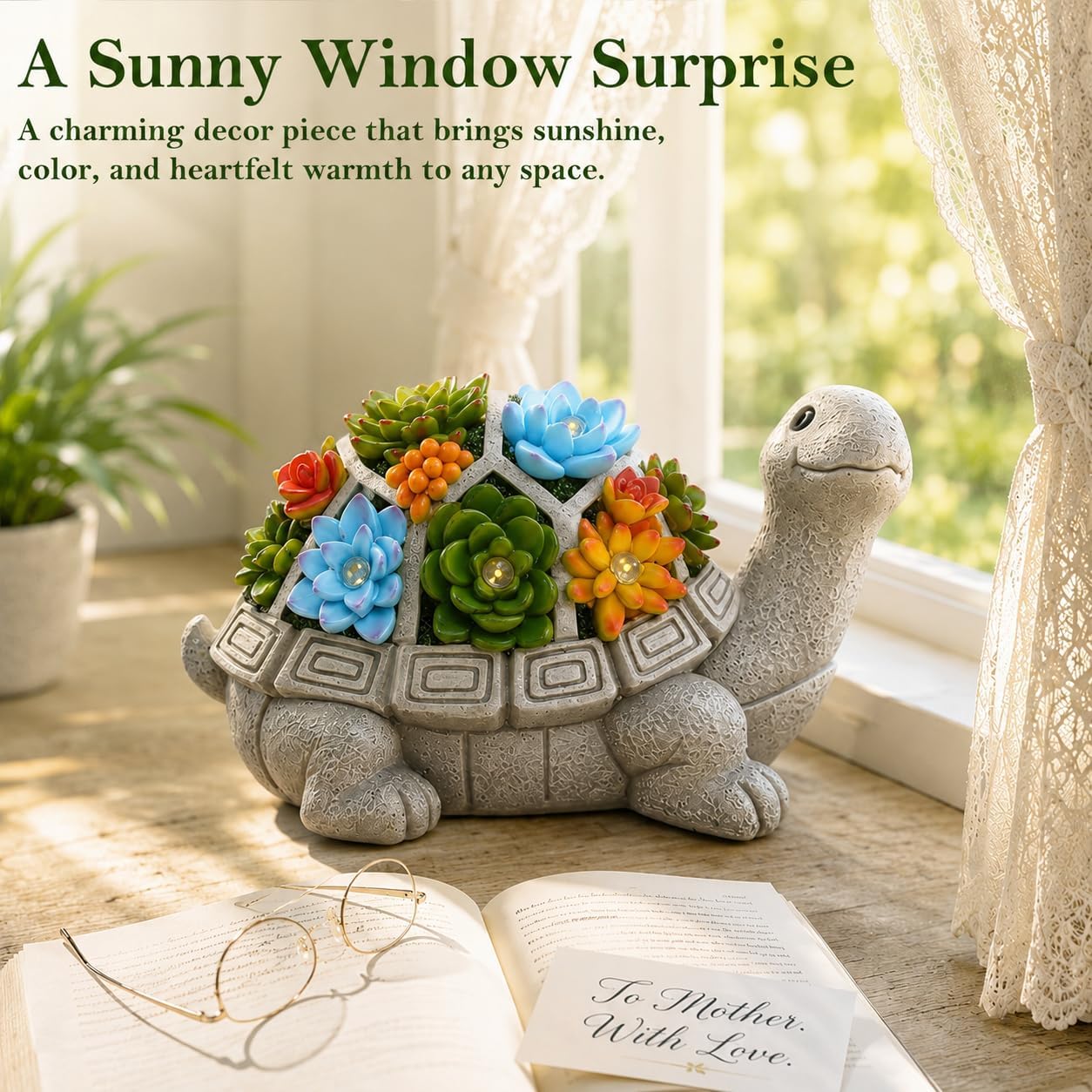 Solar Turtle Garden Statue with Succulent & 7 LED Lights – Outdoor Patio Decor