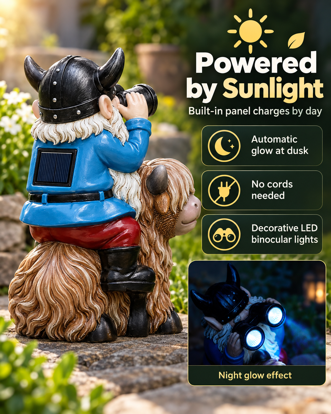 Highland Cow & Gnome Solar Garden Statue
