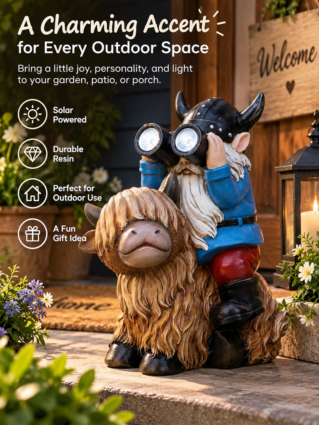 Highland Cow & Gnome Solar Garden Statue