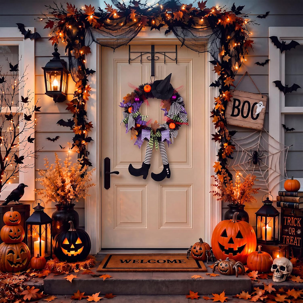 Witch Legs Halloween Wreath – 24" Front Door Decor