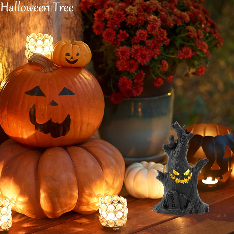 Glowing Halloween Stump Decor - Black Smiling Log with LED Eyes