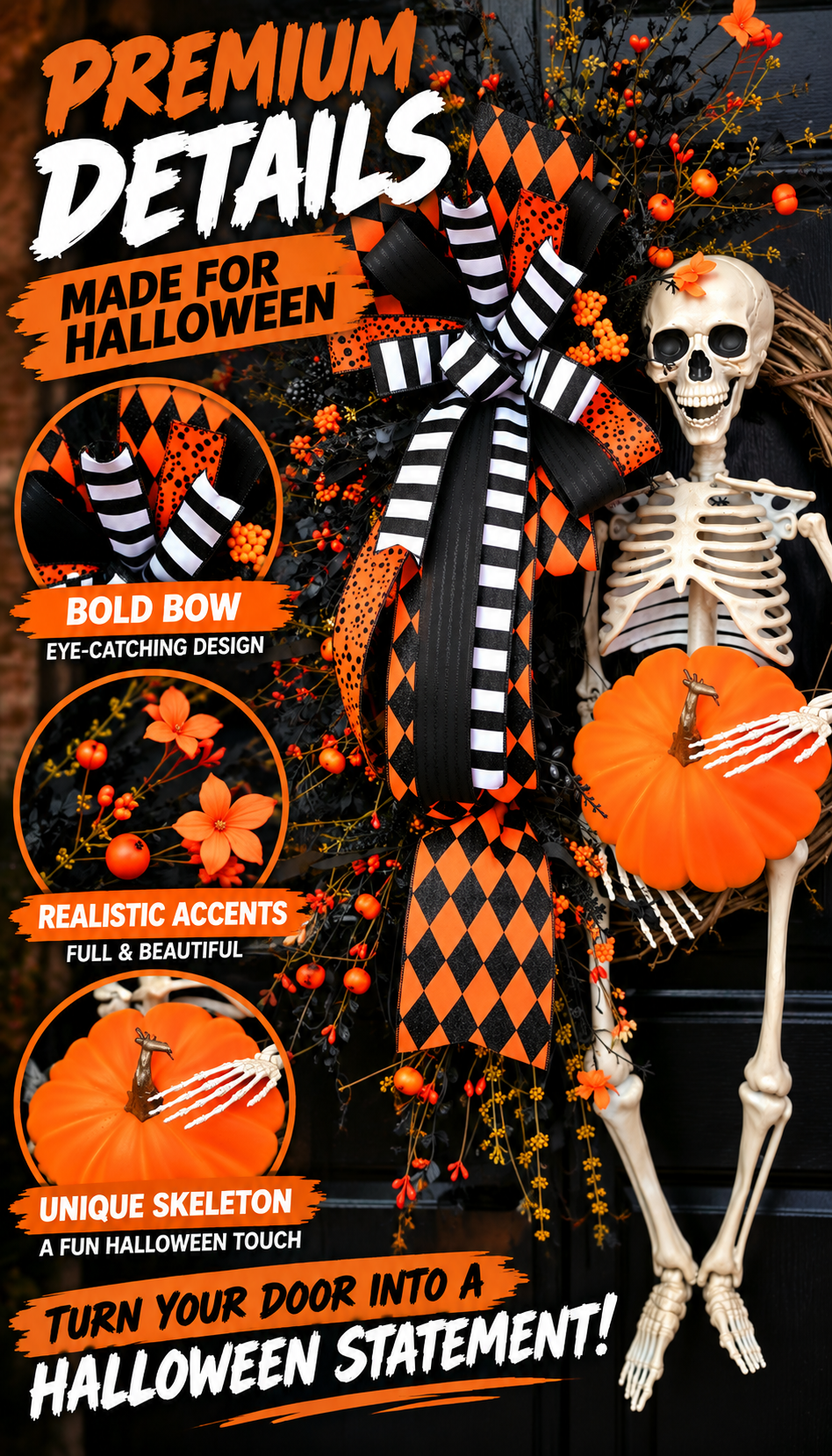 Halloween Skeleton Wreath with Pumpkin – 35" Front Door Decor