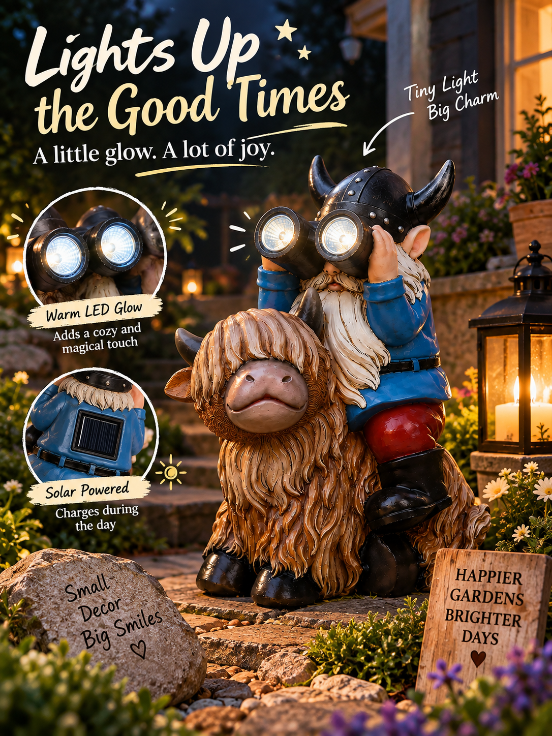 Highland Cow & Gnome Solar Garden Statue