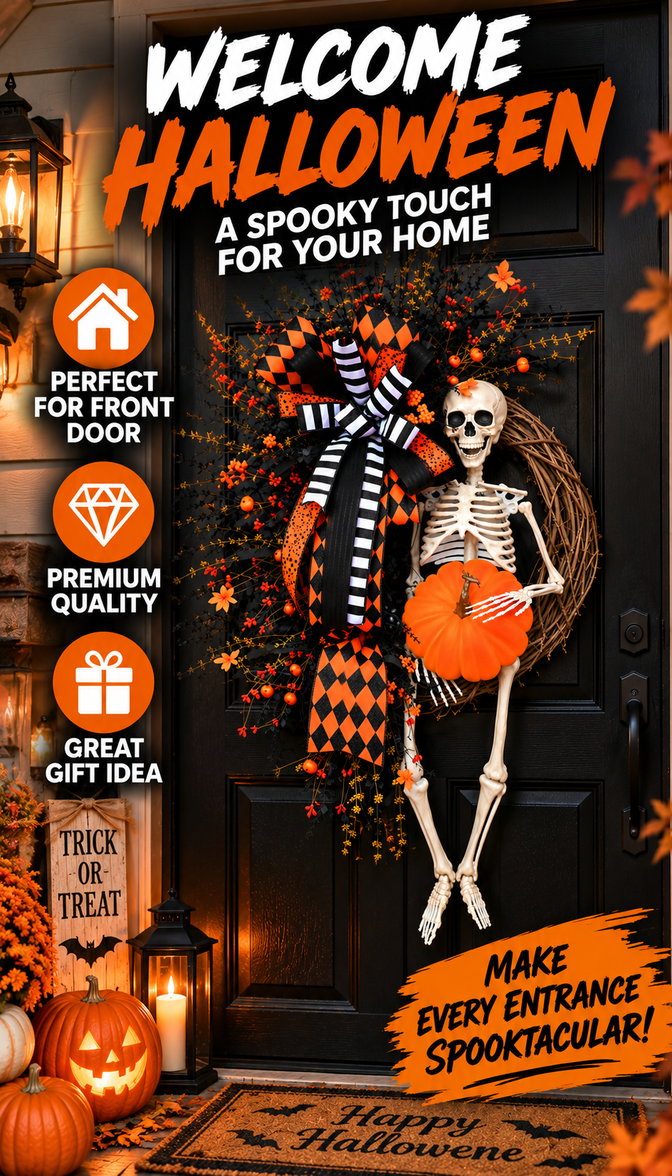 Halloween Skeleton Wreath with Pumpkin – 35" Front Door Decor