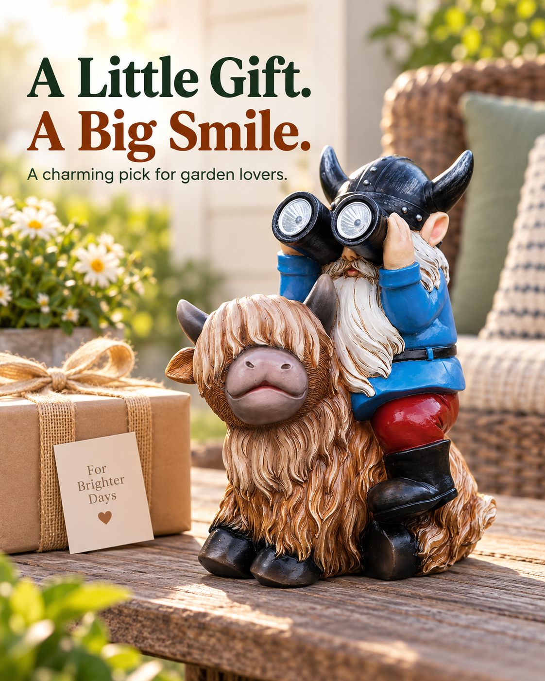 Highland Cow & Gnome Solar Garden Statue