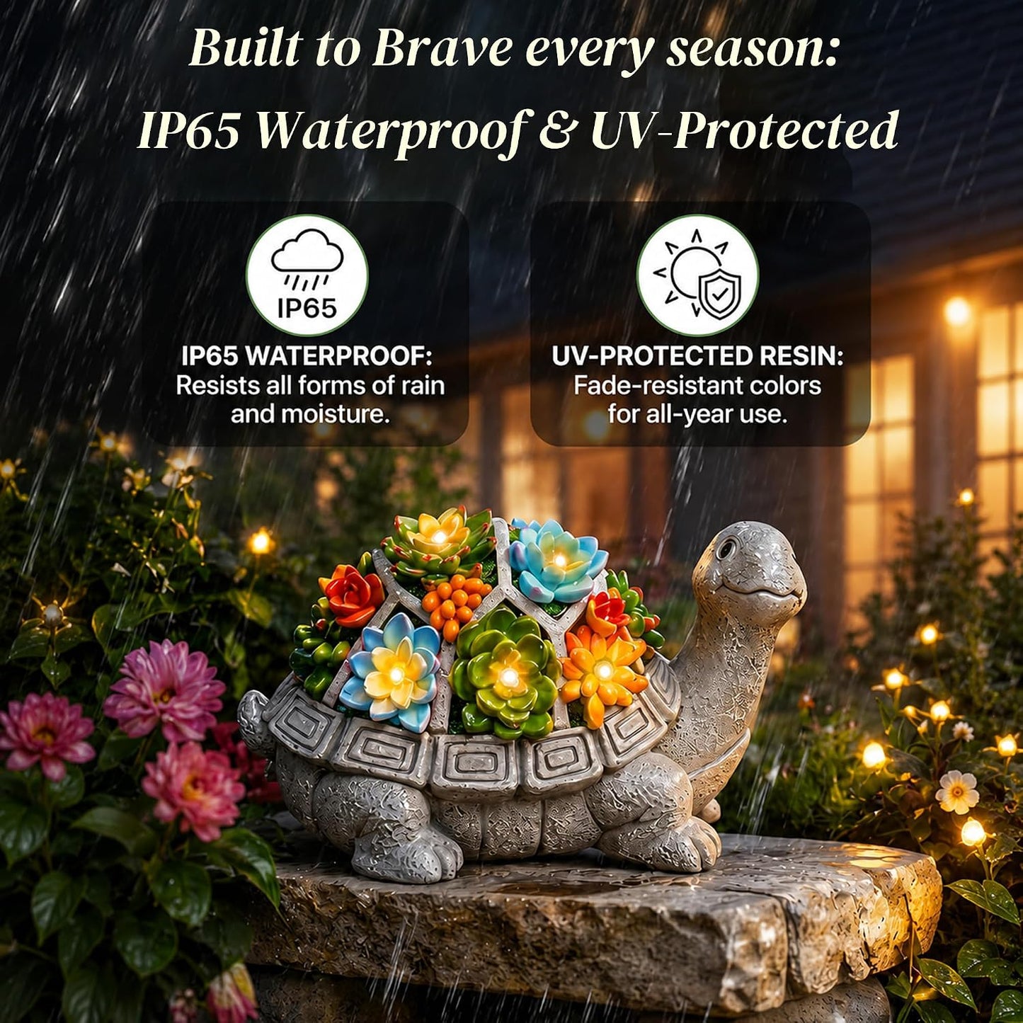 Solar Turtle Garden Statue with Succulent & 7 LED Lights – Outdoor Patio Decor