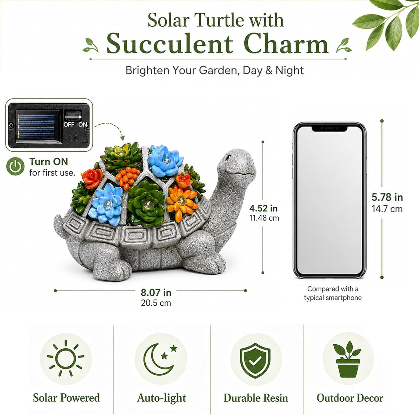 Solar Turtle Garden Statue with Succulent & 7 LED Lights – Outdoor Patio Decor