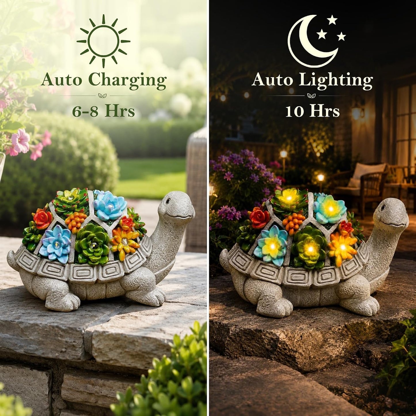 Solar Turtle Garden Statue with Succulent & 7 LED Lights – Outdoor Patio Decor