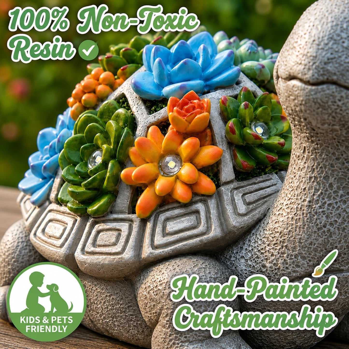Solar Turtle Garden Statue with Succulent & 7 LED Lights – Outdoor Patio Decor